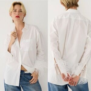 Crew Feather-Trim Cotton Poplin Button-Up Shirt in white New